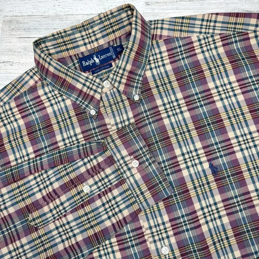 Vintage Polo Ralph Lauren Mens Long Sleeve Button Down Shirt Sz XL Plaid Cotton